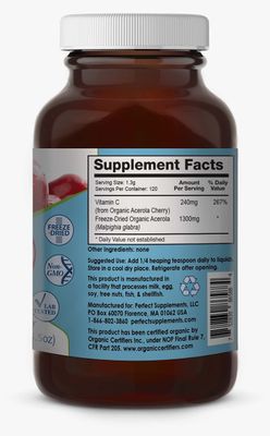 Perfect Supplements - Perfect Acerola Powder - 156 Grams - 100% Pure Acerola Cherry - All-Natural Vitamin C Superfood - Immune System Support
