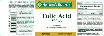 Nature's Bounty Folic Acid Supplement, Supports Cardiovascular Health, 800mcg, Multi, No Flavour,750 Count, Pack of 3