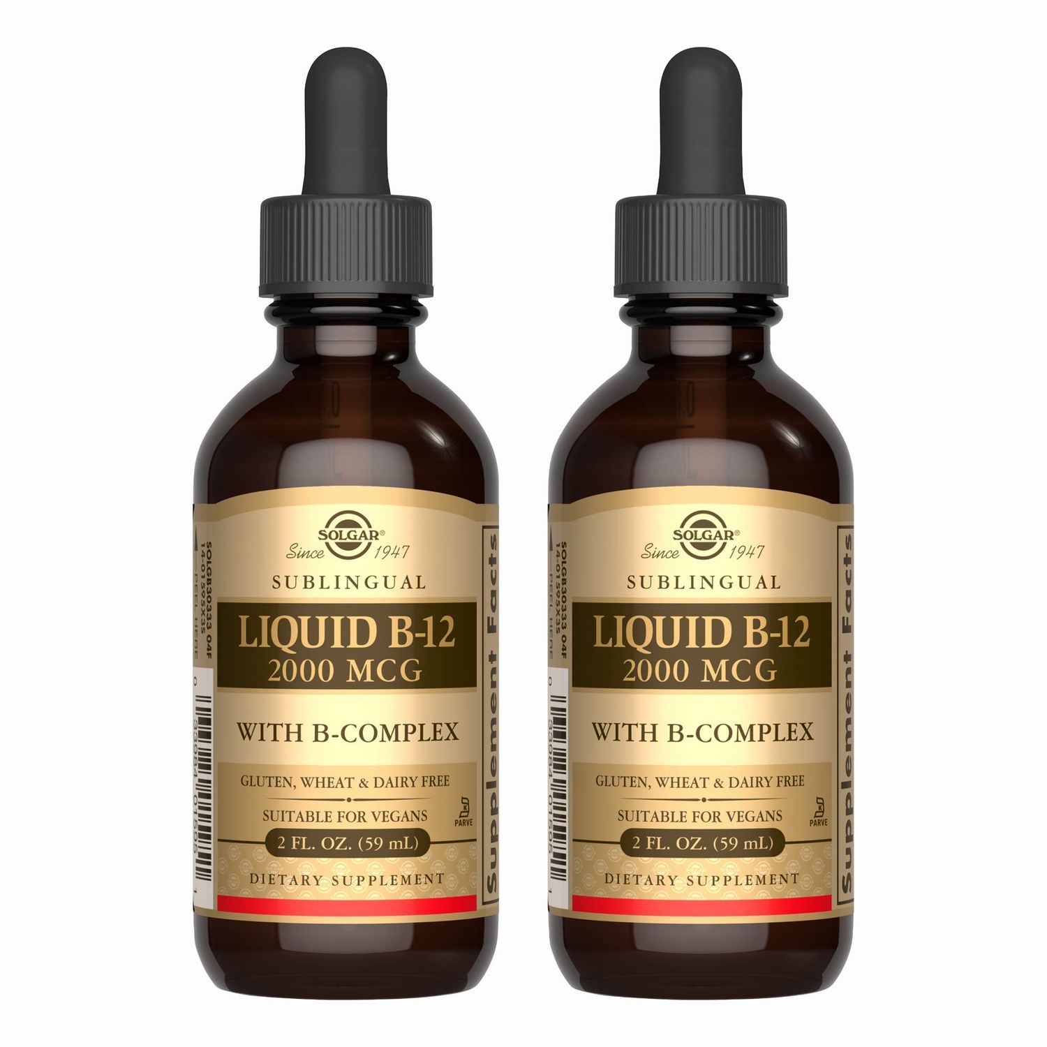 SOLGAR Sublingual Liquid B-12 2000 mcg with B-Complex - 2 fl oz, Pack of 2 - Supports Energy, Red Blood Cells, Healthy Nervous System &amp; Heart Health - Vegan, Gluten Free - 118 Total Servings