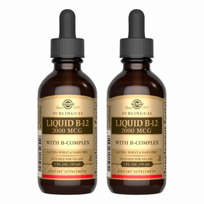 SOLGAR Sublingual Liquid B-12 2000 mcg with B-Complex - 2 fl oz, Pack of 2 - Supports Energy, Red Blood Cells, Healthy Nervous System &amp; Heart Health - Vegan, Gluten Free - 118 Total Servings
