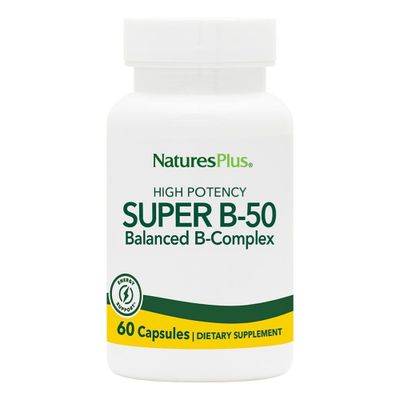 NaturesPlus Super B50-60 Vegetarian Capsules - High Potency B Complex Vitamin Supplement - Brain &amp; Energy Booster - Gluten-Free - 60 Servings