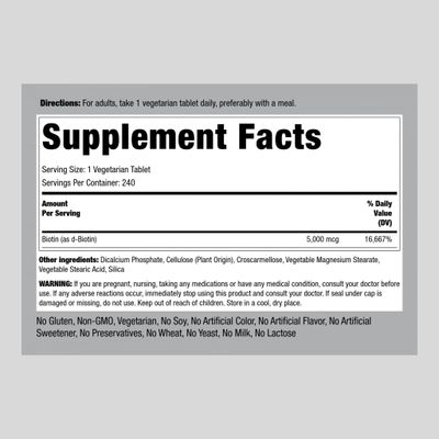 Piping Rock Biotin 5000mcg | 240 Tablets | Beauty Vitamin Supplement | Vegetarian, Non-GMO, Gluten Free