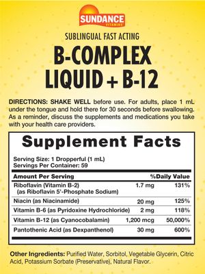 Sundance Sublingual Vitamin B Complex | 2 Fluid Ounces | with B-12 | Berry Flavor | Vegetarian, Non-GMO, and Gluten Free Supplement