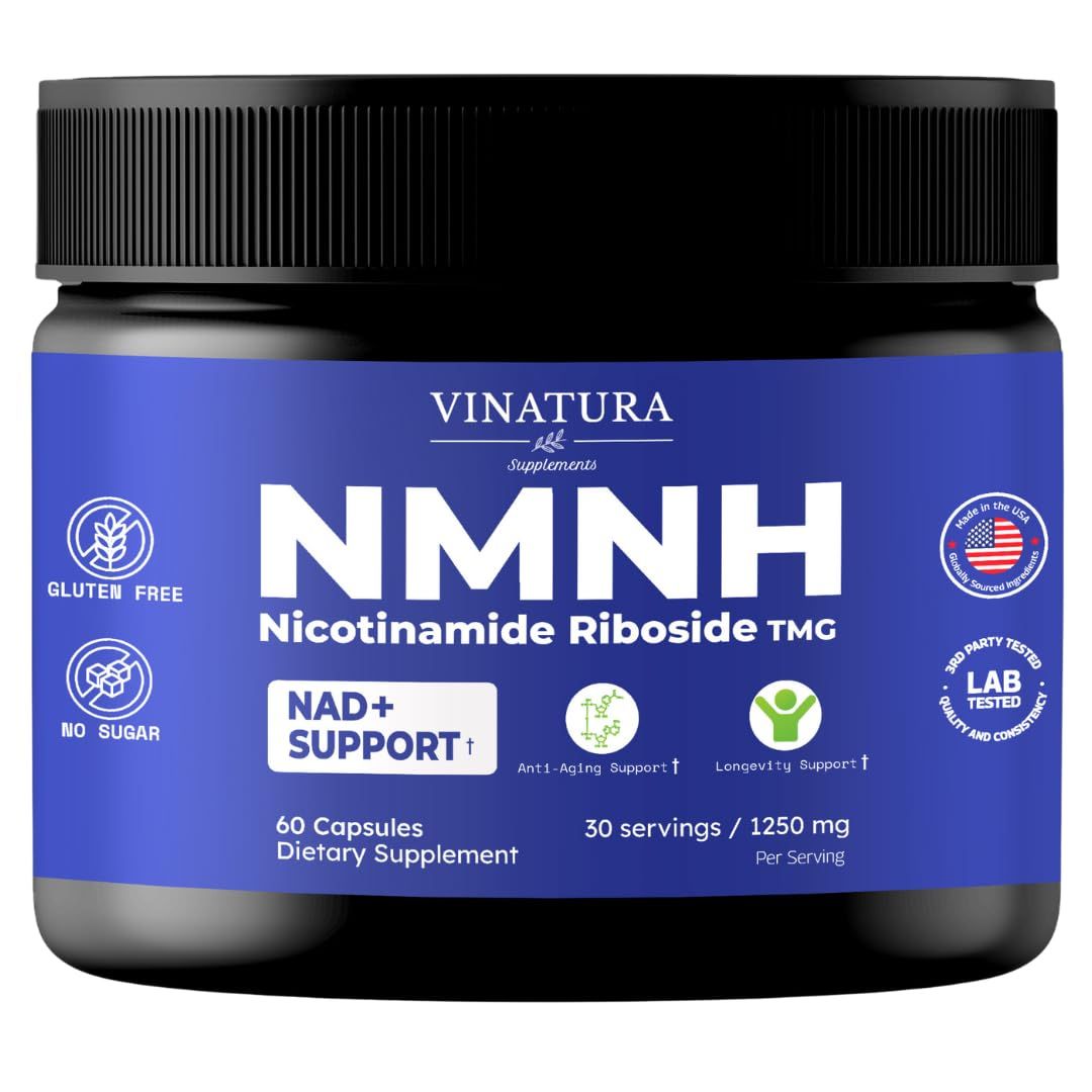 VINATURA NMNH Nicotinamide Riboside &amp; TMG - NAD+ Support, Anti-Aging Supplement, TMG (Betaine Anhydrous) - 1250mg per Serving, 60 Capsules 30 Servings
