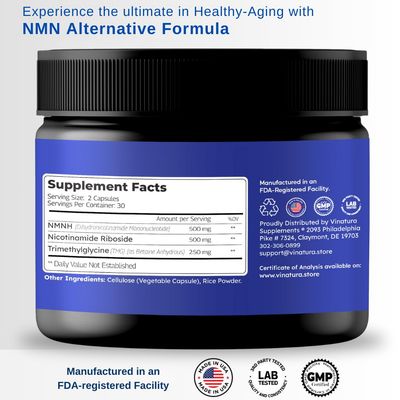 VINATURA NMNH Nicotinamide Riboside &amp; TMG - NAD+ Support, Anti-Aging Supplement, TMG (Betaine Anhydrous) - 1250mg per Serving, 60 Capsules 30 Servings
