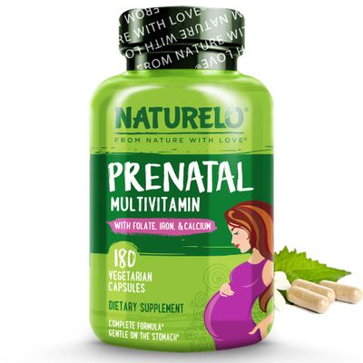 NATURELO Prenatal Multivitamin with Gentle Chelated Iron, Methyl Folate, Plant Calcium &amp; Choline - Vegan, Vegetarian - Non-GMO - Gluten Free - 180 Capsules - 2 Month Supply