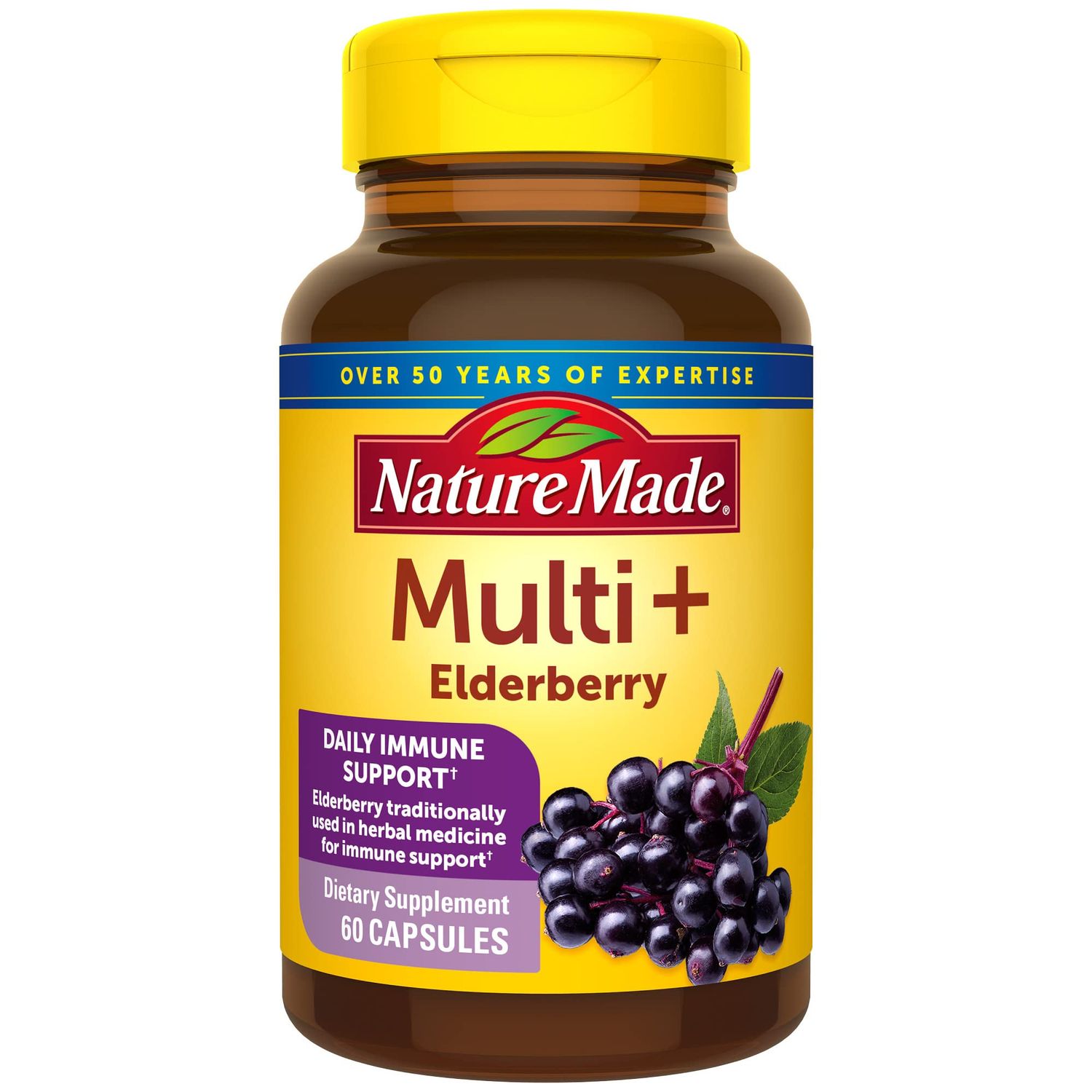 Nature Made Multi + Elderberry Capsules, Multivitamin for Daily Immune Support, One Per Day Multivitamin, 60 Count