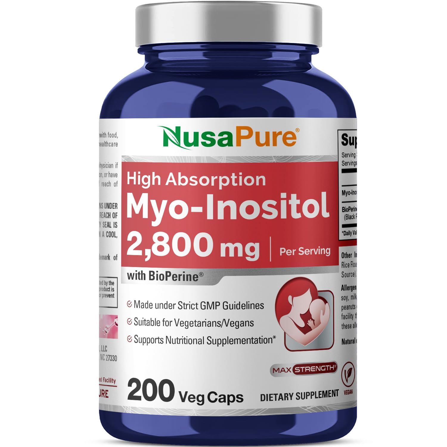 NusaPure Myo-Inositol 2800mg, 200 Capsules, Extra Strength Supplement, Non-GMO