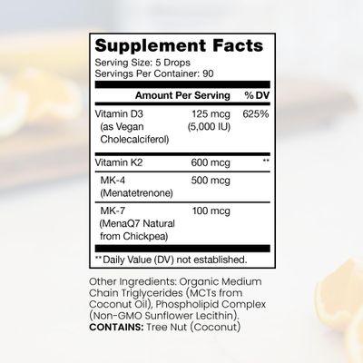 Pure Therapro Rx Vegan Vitamin D3 + K2 Liposomal Supplement | 90 Servings | Maximum Absorption Liquid Vitamins D3 5000 IU and K2-10 for Men and Women - 10 mL