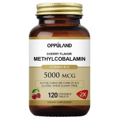 oppuland Vitamin B12 (Methylcobalamin) 5000 mcg, Folic Acid (Vitamin B9 Folate) Improve The Symptoms of Cirrhosis and Liver Steatosis 120 Chewable Tablets(Cherry Flavor)