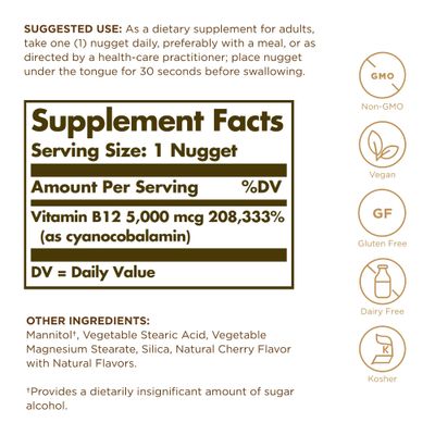 Solgar Vitamin B12 5000 mcg - 30 Nuggets - Promotes Nervous System Health - Non-GMO, Vegan, Gluten &amp; Dairy Free - 30 Servings