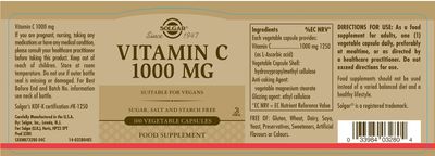 Solgar Vitamin C 1000 mg, 100 Vegetable Capsules - Antioxidant & Immune Support - Overall Health - Healthy Skin & Joints - Bioflavonoids Supplement - Non-GMO, Vegan, Gluten Free, Kosher - 100 Servings