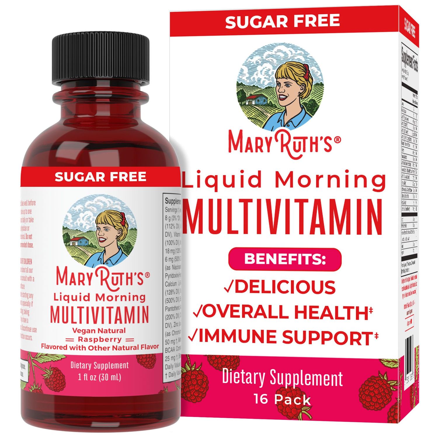 MaryRuth Organics Multivitamin for Women Men &amp; Kids No Added Sugar | Morning Raspberry | Liquid Vitamins for Adults &amp; Kids | Mens | Womens Multivitamin | Energy &amp; Beauty Booster | 16-1 Fl Oz Bottles