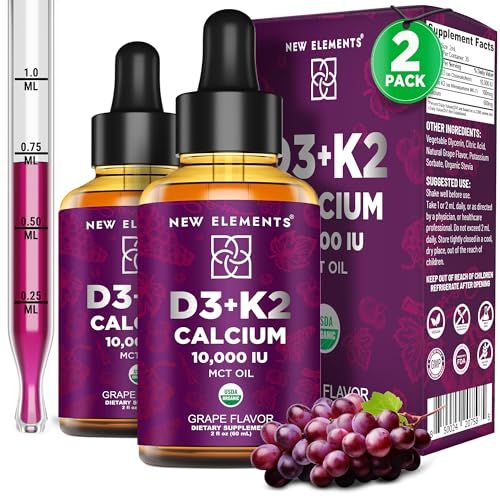[2 ] Liquid Vitamin D3 K2 Drops with Calcium for Adults | Vitamin D3 10,000 IU | D3 K2 with Calcium for Bone Health &amp; Immunity Support | Joint Health Supplement | Non-GMO | Vegan