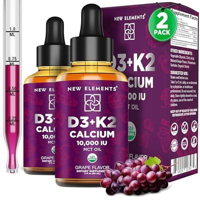 [2 ] Liquid Vitamin D3 K2 Drops with Calcium for Adults | Vitamin D3 10,000 IU | D3 K2 with Calcium for Bone Health &amp; Immunity Support | Joint Health Supplement | Non-GMO | Vegan