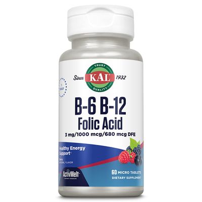 KAL Vitamin B-6, B-12 &amp; Folic Acid Supplement, Heart Health, Energy &amp; Red Blood Cell Support*, with Vitamin B12 Methylcobalamin &amp; Folate, Natural Berry Flavor, 60 Servings, 60 ActivMelt Micro Tablets
