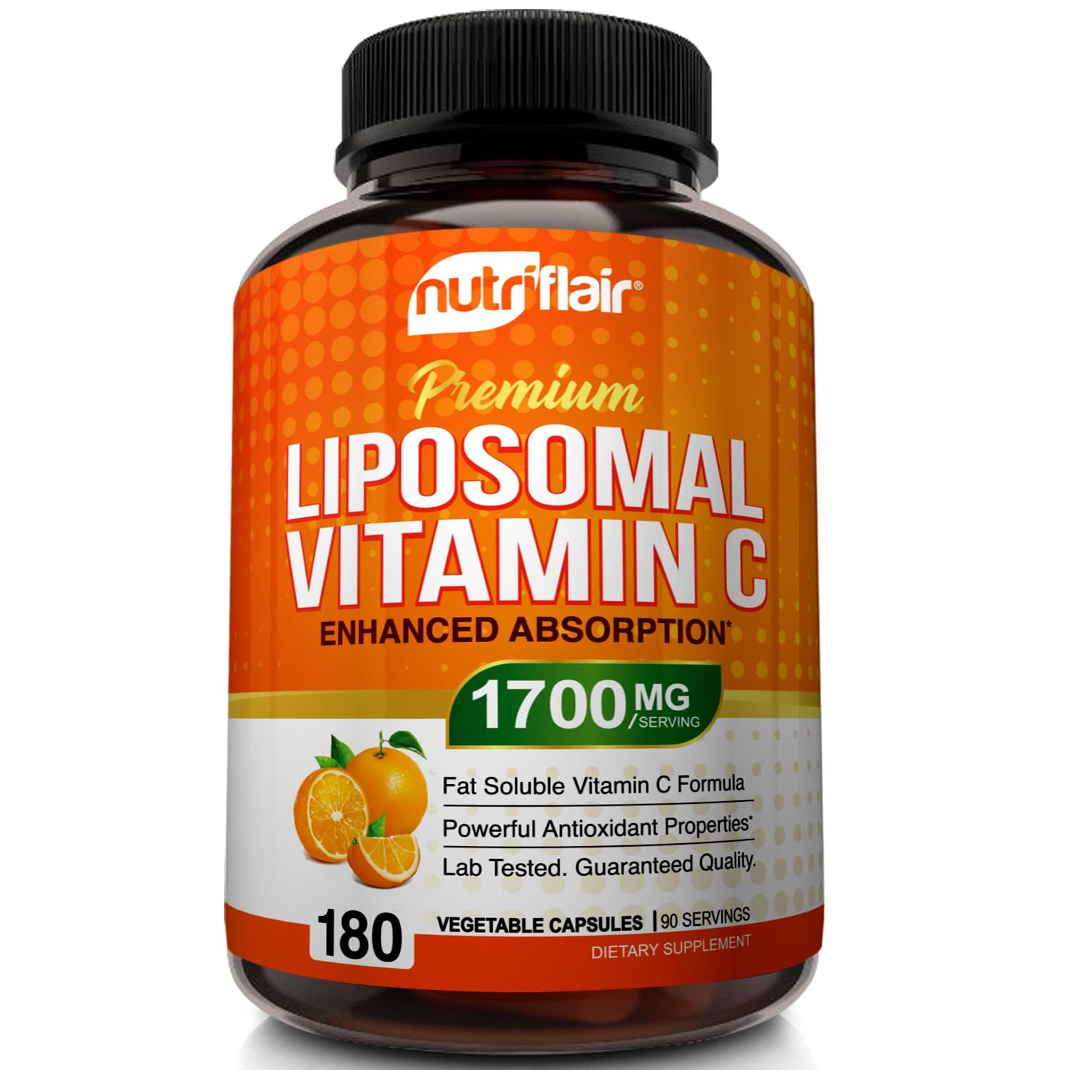 NutriFlair Liposomal Vitamin C 1700mg, 180 Capsules - High Absorption, Fat Soluble VIT C, Antioxidant Supplement, Higher Bioavailability Immune System Support &amp; Collagen Booster, Non-GMO, Vegan Pills