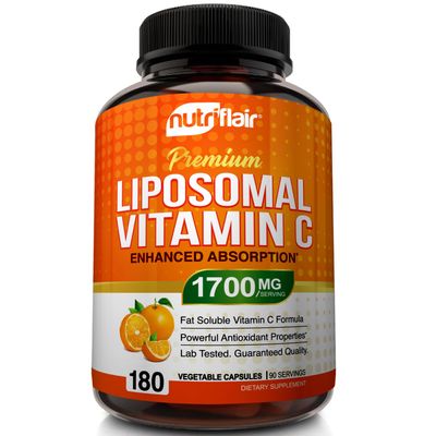 NutriFlair Liposomal Vitamin C 1700mg, 180 Capsules - High Absorption, Fat Soluble VIT C, Antioxidant Supplement, Higher Bioavailability Immune System Support &amp; Collagen Booster, Non-GMO, Vegan Pills