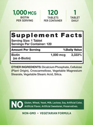 Nature's Truth Biotin 1000mcg | Hair Skin and Nails Pills | 120 Tablets | Vegetarian, Non-GMO, Gluten Free Supplement