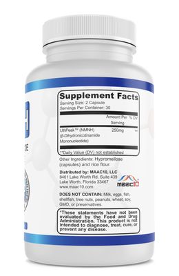 MAAC10 NMNH (NMN Supplement Alternative) 250mg Serving | Uthpeak NMNH (Dihydronicotinamide Mononucleotide) for Better Stability | 30-Day Supply.