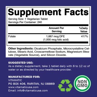 Vitamatic Folic Acid 1000 mcg (1 mg) - Vegetarian Tablets - 1667 mcg DFE - Vitamin B9 (240 Count (Pack of 2))