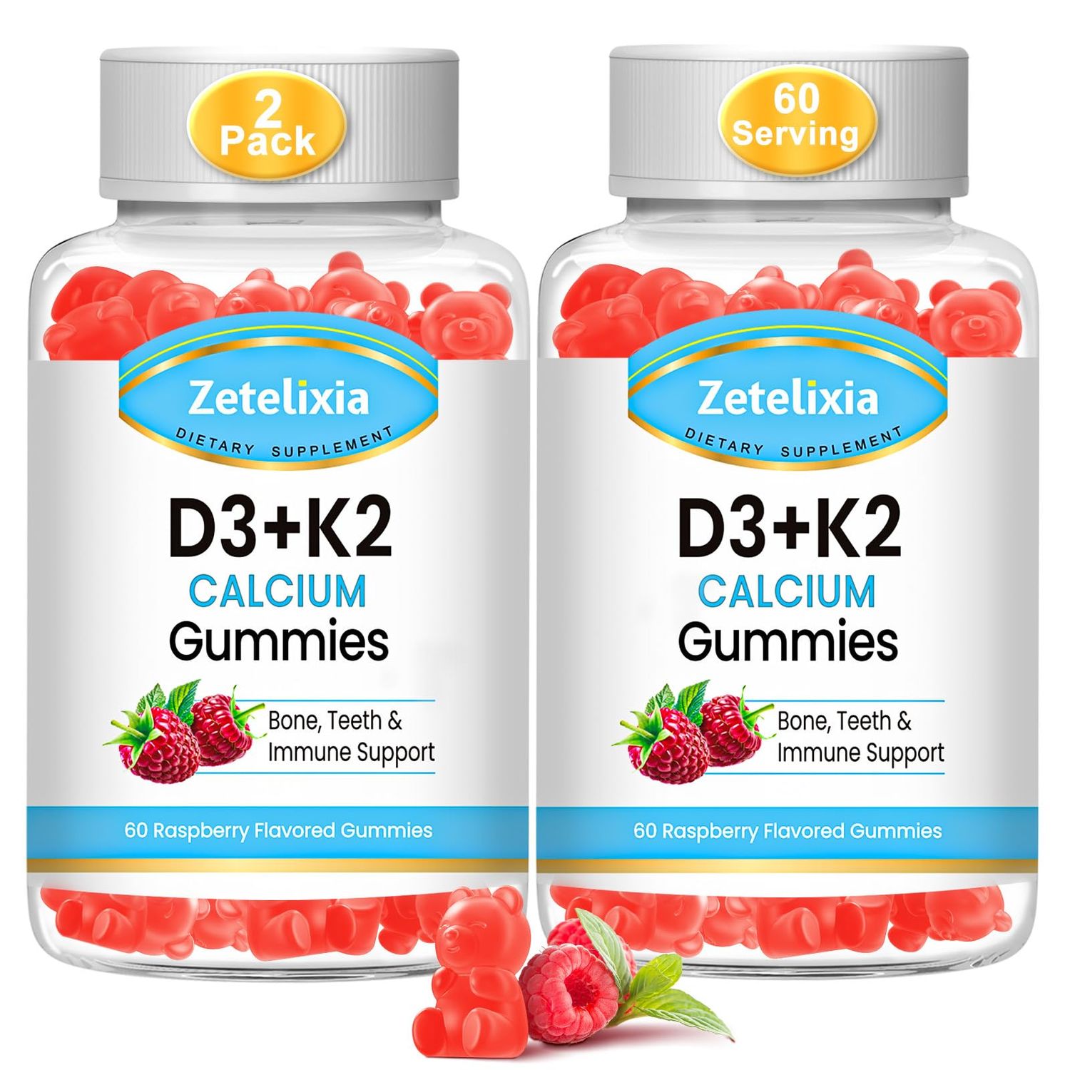 Zetelixia Sugar-Free Vitamin D3 K2 Gummies, Vitamin D3 2000 IU, K2 (MK7) 120mcg, Calcium 600 mg with Vitamin D3, Support Bone &amp; Immune Health, Vegan, Gluten Free, 120 Count, 2 Packs