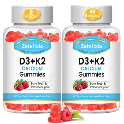 Zetelixia Sugar-Free Vitamin D3 K2 Gummies, Vitamin D3 2000 IU, K2 (MK7) 120mcg, Calcium 600 mg with Vitamin D3, Support Bone &amp; Immune Health, Vegan, Gluten Free, 120 Count, 2 Packs