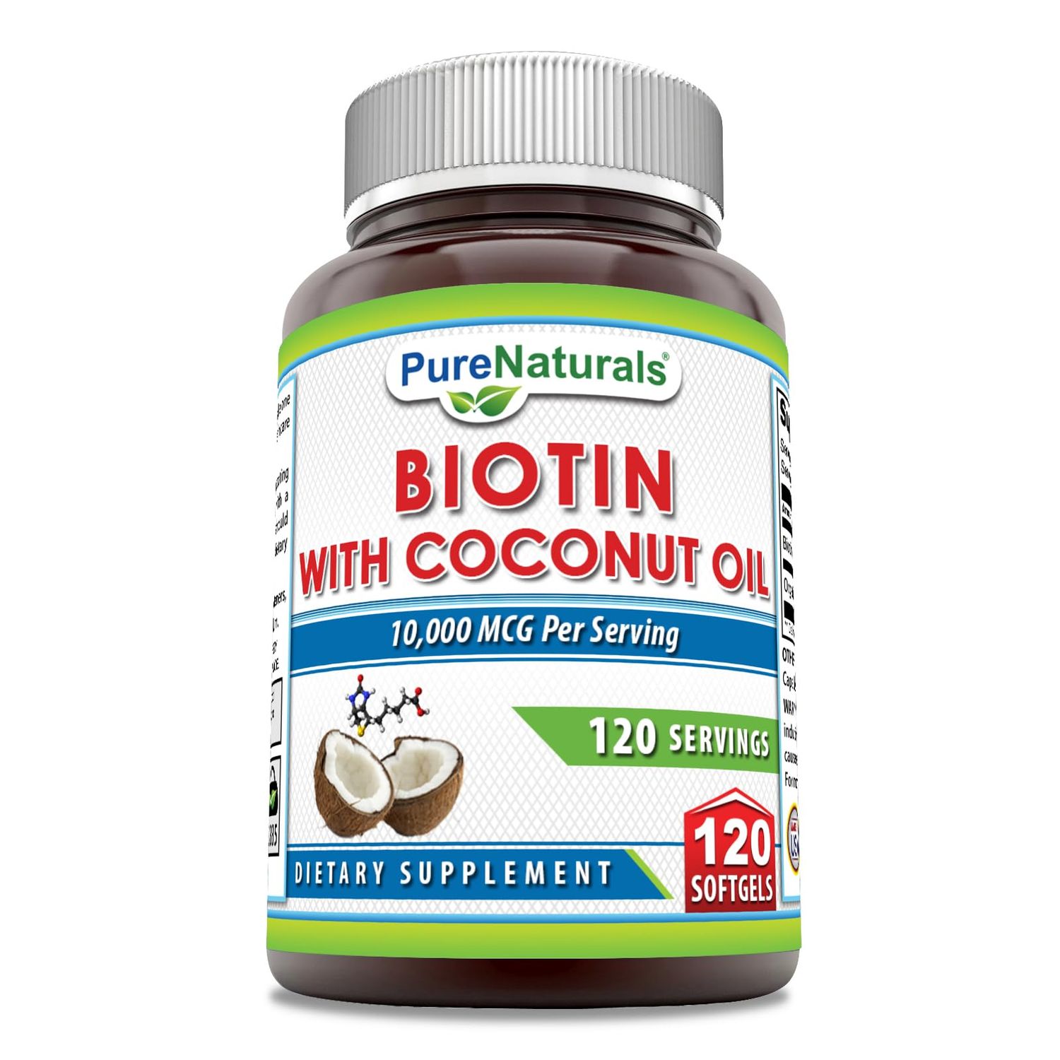 Pure Naturals Biotin 10000 Mcg with Extra Virgin Organic Coconut Oil 120 Softgels | Non-GMO | Gluten Free | Made in USA