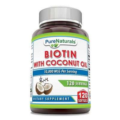 Pure Naturals Biotin 10000 Mcg with Extra Virgin Organic Coconut Oil 120 Softgels | Non-GMO | Gluten Free | Made in USA