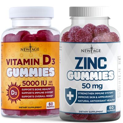 NEW AGE Immune Defense Combo - 2 Pack - Vitamin D3 Gummies 5000 IU 125mcg &amp; High Potency Zinc Gummies, Immune Booster 120 Count