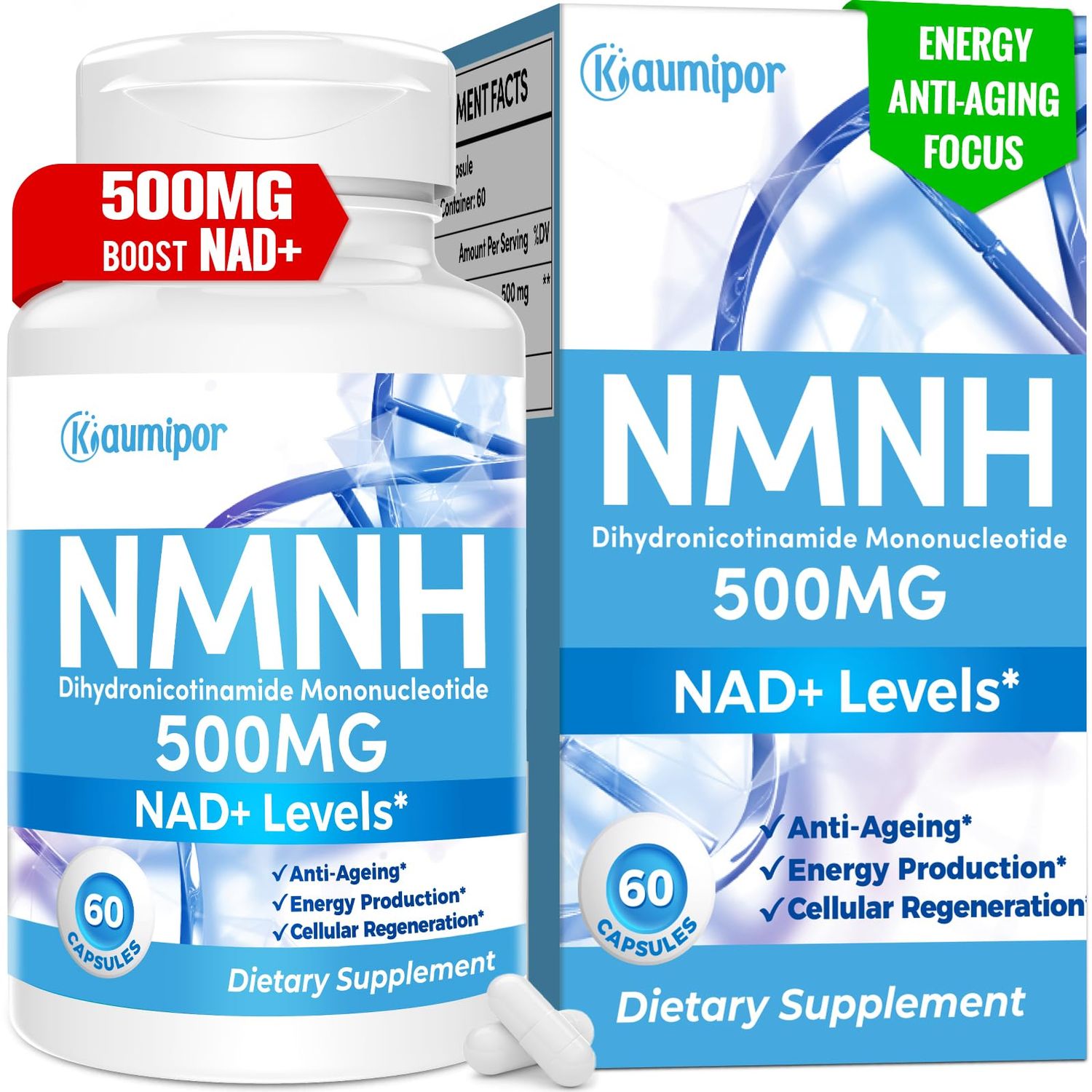 NMNH (Dihydronicotinamide Mononucleotide) 500MG/Serving Purity NMNH Supplement to Boost NAD+ Levels as We Age, NAD NMNH Supplement for Anti Aging, Energy, Immunity, Focus - 60 Capsules (Take 1 Daily)