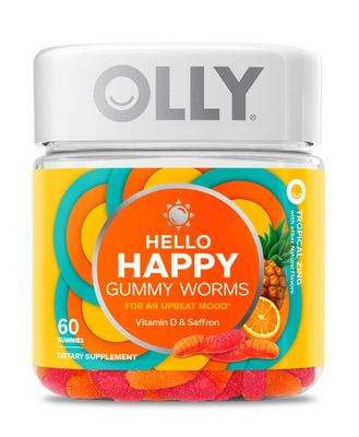 OLLY Hello Happy Gummy Worms, Mood Balance Support, Vitamin D, Saffron, Adult Chewable Supplement, Tropical Zing - 60 Count