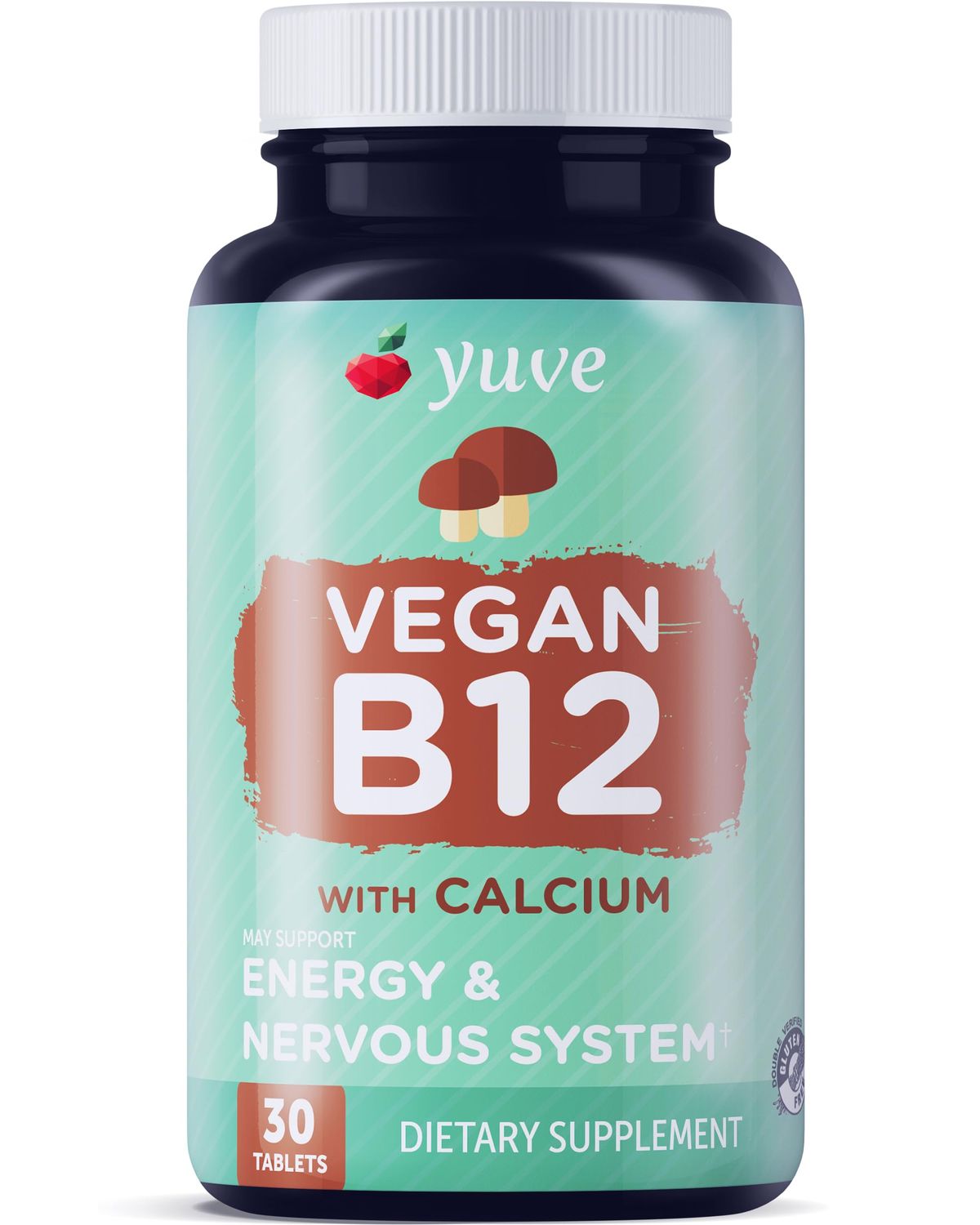 Yuve Vegan B12 with Calcium for Maximum Absorbption - Active Energy &amp; Central Nervous System Support - 1000mcg Cobalamin Vitamin B 12 - Natural, Non-GMO, Gluten-Free, Sugar-Free - 30 Tabs