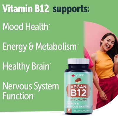 Yuve Vegan B12 with Calcium for Maximum Absorbption - Active Energy & Central Nervous System Support - 1000mcg Cobalamin Vitamin B 12 - Natural, Non-GMO, Gluten-Free, Sugar-Free - 30 Tabs