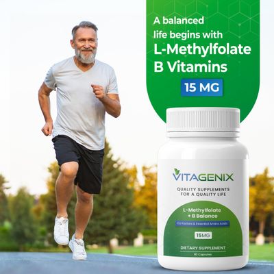VITAGENIX L-Methylfolate + B Balance - Professional Strength Bioactive 5-MTHF Form + B6, B2 &amp; B12 Methylcobalamin B Complex - Supports Mood, Methylation &amp; Cognition - 15mg - 60 Capsules