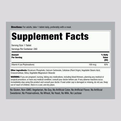 Piping Rock Vitamin K Supplement | 100 mcg | 240 Tablets | Non-GMO, Gluten Free