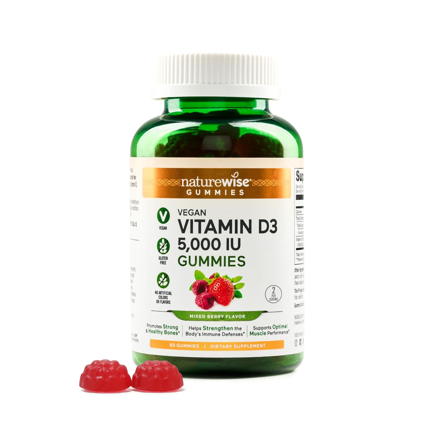 NatureWise Vitamin D3 5000 IU Gummies - Mixed Berry Flavor - Vegan D from Lichen, Pectin Gummy for Adults, Immune Support, Muscle &amp; Bone Strength - Gluten Free, Non-GMO - 60 Count[1-Month Supply]