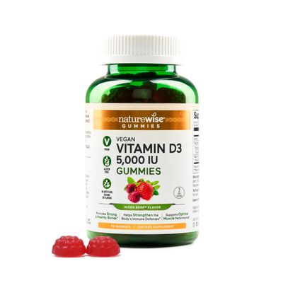 NatureWise Vitamin D3 5000 IU Gummies - Mixed Berry Flavor - Vegan D from Lichen, Pectin Gummy for Adults, Immune Support, Muscle &amp; Bone Strength - Gluten Free, Non-GMO - 60 Count[1-Month Supply]