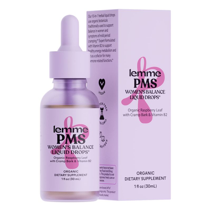 Lemme PMS Hormone Balance for Women Liquid Drops, PMS &amp; Mild Period Cramping Relief, 10-in-1 Herbal Blend with Raspberry Leaf, Dong Quai, Cramp Bark, Reishi &amp; B2, Organic, Sugar-Free, 1 fl oz