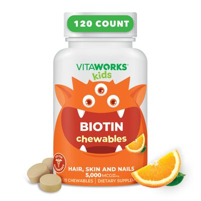 VitaWorks Kids Biotin 5000mcg Chewable Tablets | Tasty Biotin Supplement | Vegan Biotin Vitamins | Biotin for Hair Growth, Skin and Nail Heath | Hair Vitamins for Kids | 120 Chewables