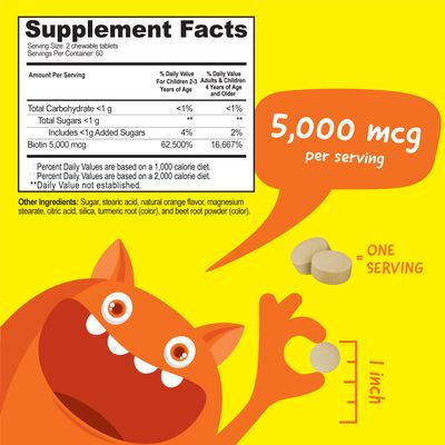 VitaWorks Kids Biotin 5000mcg Chewable Tablets | Tasty Biotin Supplement | Vegan Biotin Vitamins | Biotin for Hair Growth, Skin and Nail Heath | Hair Vitamins for Kids | 120 Chewables