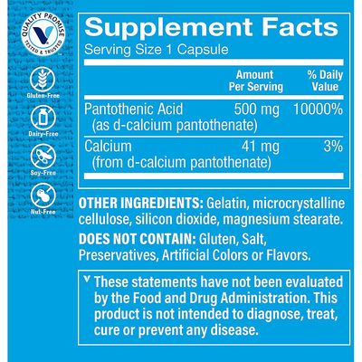 The Vitamin Shoppe Pantothenic Acid 500MG, with Vitamin B5, Supports Energy Production &amp; Hair, Skin, Nails, Once Daily (100 Capsules)