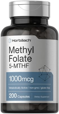 Horbach Methyl Folate 1000 mcg | 200 Capsules | 5-MTHF | Folic Acid Supplement | Non-GMO, Gluten Free Methylfolate