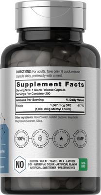 Horbach Methyl Folate 1000 mcg | 200 Capsules | 5-MTHF | Folic Acid Supplement | Non-GMO, Gluten Free Methylfolate