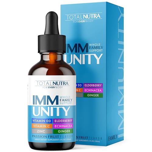 Total Immune 6-in-1 Liquid Multivitamin Supplement | 100% Daily Zinc, Vitamin D3, Vitamin C Immunity Drops Vitamin Liquid | Elderberry, Echinacea, Ginger Support for Adults &amp; Kids | 4 oz Passion Fruit