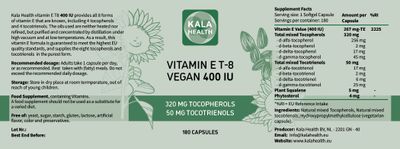 KALA HEALTH Vitamin E - All 8 Tocopherols + Tocotrienols 400 IU Vegan - Alpha Tocopherol/Tocotrienol + Beta Tocopherol/Tocotrienol + Gamma Tocopherol/Tocotrienol + Delta Tocopherol/Tocotrienol