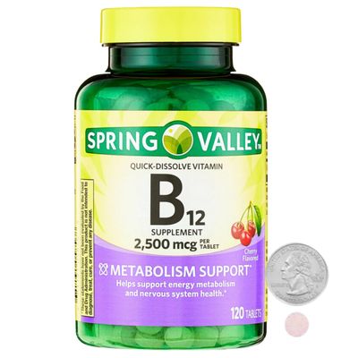 Spring Valley Vitamin B12 Quick-Dissolve Tablets Dietary Supplement, 2,500 Mcg, Cherry, for Women and Men 120 Count