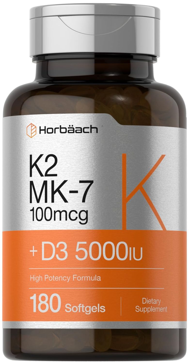 Horbach Vitamin D3 K2 | 5000iu of Vitamin D &amp; 100mcg MK-7 Complex | 180 Softgel Capsules | Non-GMO &amp; Gluten Free Supplement