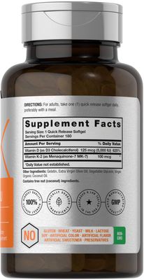 Horbach Vitamin D3 K2 | 5000iu of Vitamin D &amp; 100mcg MK-7 Complex | 180 Softgel Capsules | Non-GMO &amp; Gluten Free Supplement