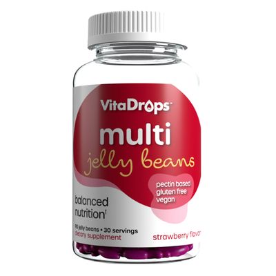 VitaDrops Multivitamin Jelly Beans, Women &amp; Men, Source of Vitamin A C D E B-3 B-6 &amp; Biotin, Supports Immune System, Pectin Based, Vegan &amp; Gluten Free, Strawberry Flavor, 90 Jelly Beans, 30 Servings